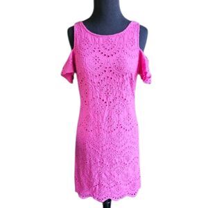 Eliza J Hot Pink Cold Shoulder Eyelet Mini Dress Size 4 Preppy Summer Party